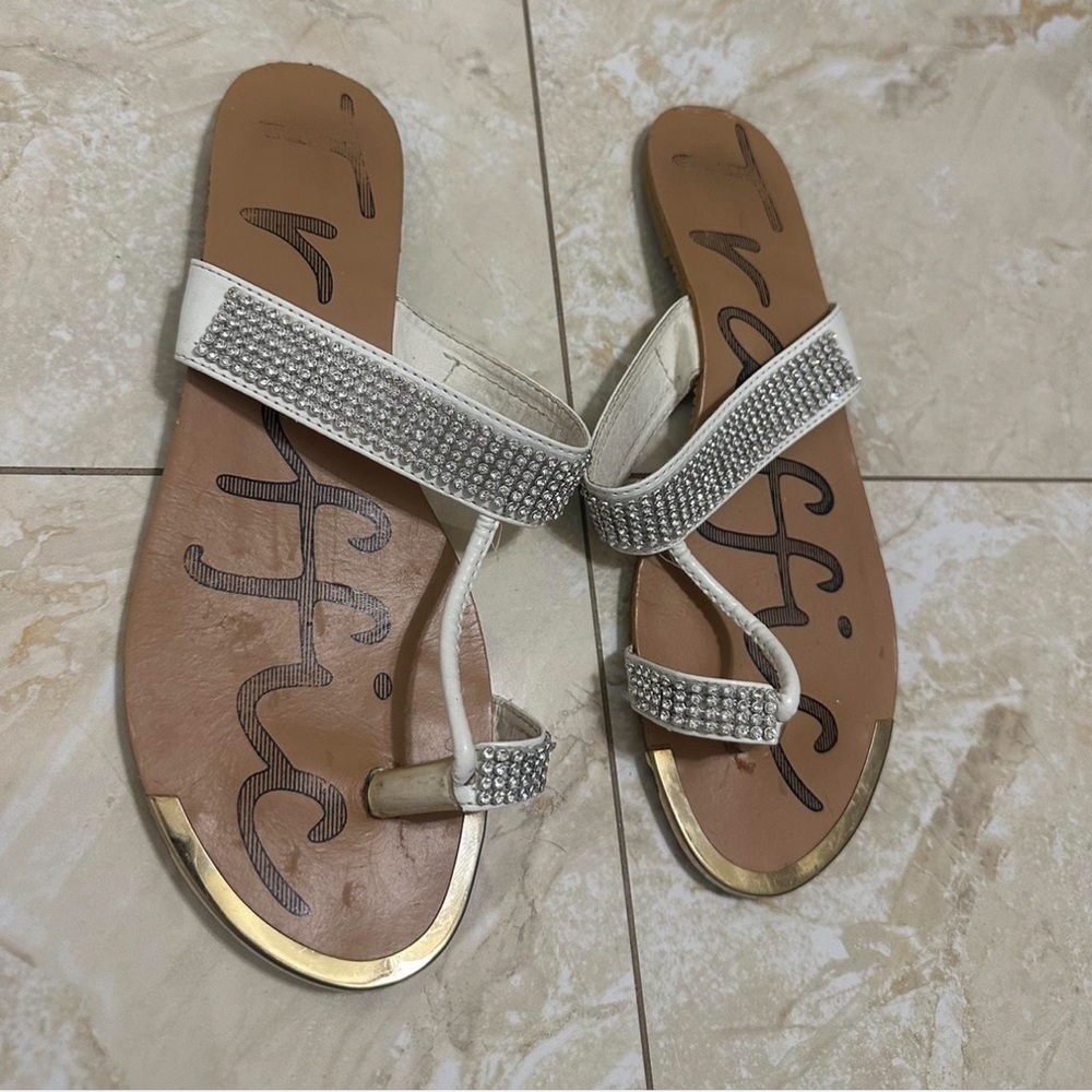 Traffic Women's White Sandals with Rhinestone Accents